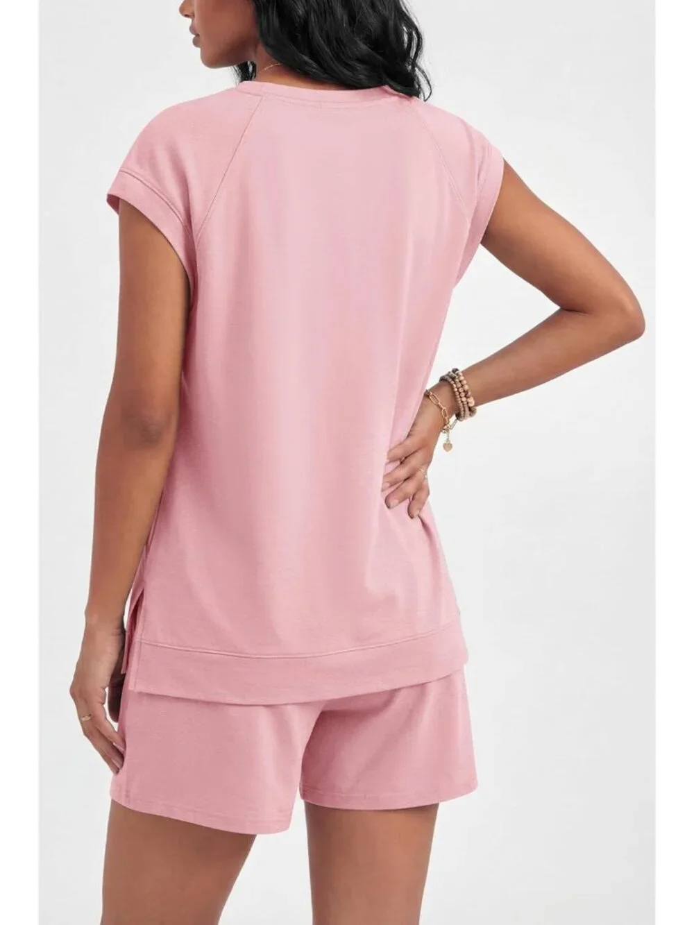 Womens Cotton 2 Piece Outfits Cap Sleeve Short Sets Crew Neck Matching Sets Summ
